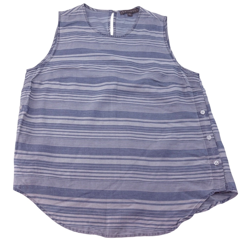 Sharagano Womens Blue White Striped Lyocell Sleeveless Blouse Side Button Size M